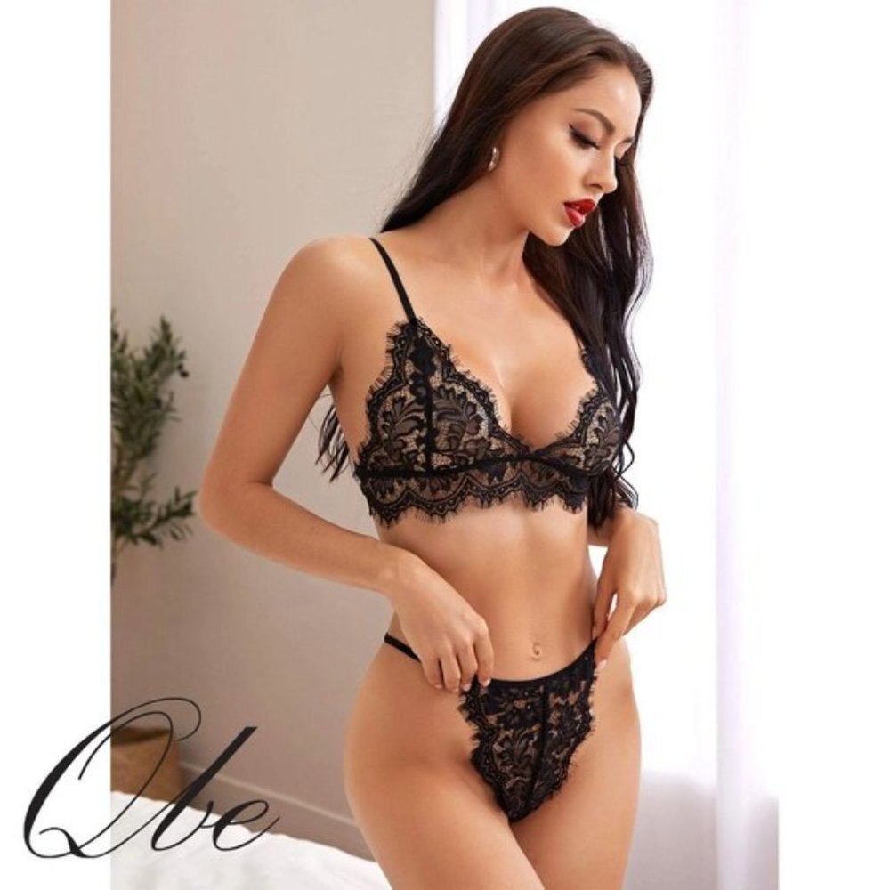 QBE Eyelash Lace Scallop Trim Lingerie Set